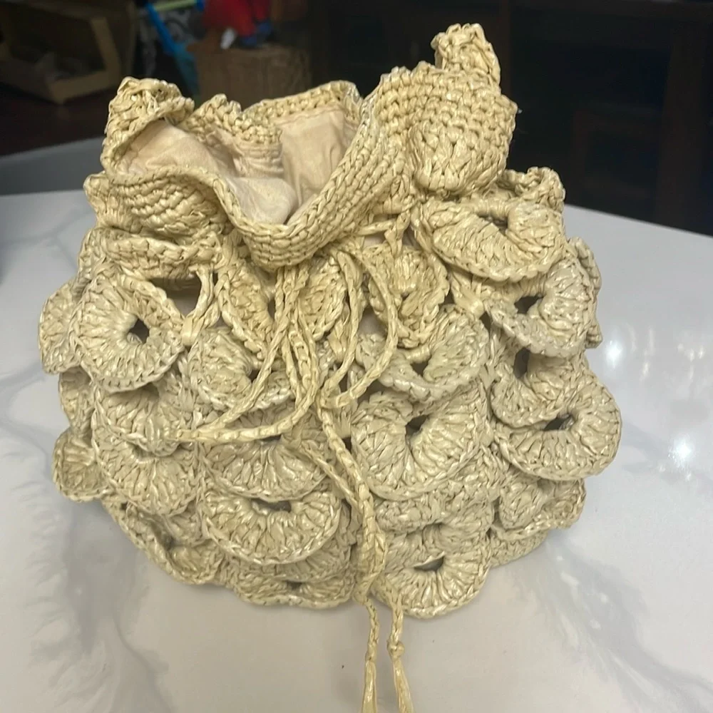 Paper Straw Nylon Beaded Boho Bag Button Loop Closure 11 1/2” wide 11